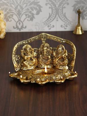 ecraftindia laxmi ganesha saraswati showpiece - handcrafted metal, 6-wick diya, golden, 30 x 20 cm 1