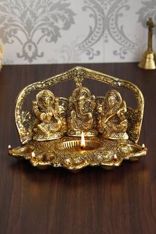 ecraftindia laxmi ganesha saraswati showpiece - handcrafted metal, 6-wick diya, golden, 30 x 20 cm