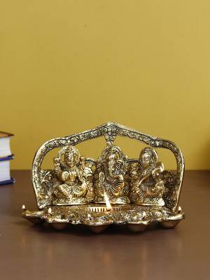 ecraftindia laxmi ganesha saraswati showpiece - handcrafted metal, 6-wick diya, golden, 30 x 20 cm 2