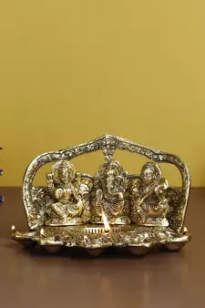 ecraftindia laxmi ganesha saraswati showpiece - handcrafted metal, 6-wick diya, golden, 30 x 20 cm