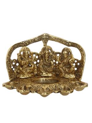 ecraftindia laxmi ganesha saraswati showpiece - handcrafted metal, 6-wick diya, golden, 30 x 20 cm 3