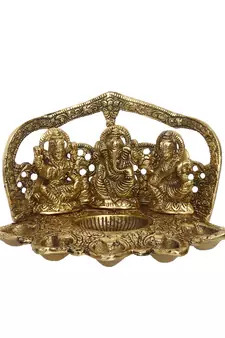 ecraftindia laxmi ganesha saraswati showpiece - handcrafted metal, 6-wick diya, golden, 30 x 20 cm