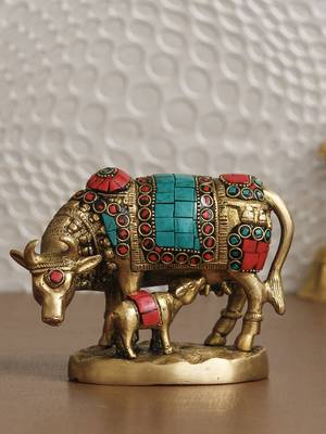 eCraftIndia Cow and Calf Handcrafted Brass Idol Figurine with Colorful Stone Work 1