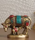 eCraftIndia Cow and Calf Handcrafted Brass Idol Figurine with Colorful Stone Work