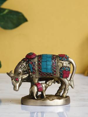 eCraftIndia Cow and Calf Handcrafted Brass Idol Figurine with Colorful Stone Work 2