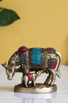 eCraftIndia Cow and Calf Handcrafted Brass Idol Figurine with Colorful Stone Work