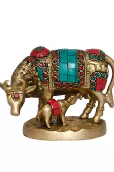 eCraftIndia Cow and Calf Handcrafted Brass Idol Figurine with Colorful Stone Work