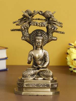 eCraftIndia Ethnic Carved Blessing Lord Buddha Meditating Under Tree Brass Antique Artifact 1