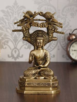 eCraftIndia Ethnic Carved Blessing Lord Buddha Meditating Under Tree Brass Antique Artifact 2