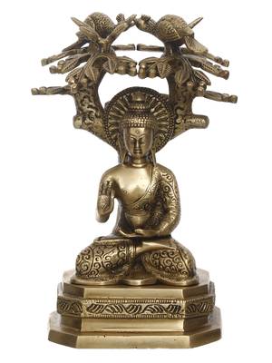 eCraftIndia Ethnic Carved Blessing Lord Buddha Meditating Under Tree Brass Antique Artifact 3