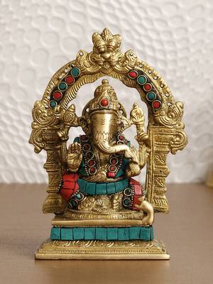 Ecraftindia Handcrafted Lord Ganesha Brass Idol on Singhasan with Stone Work 1