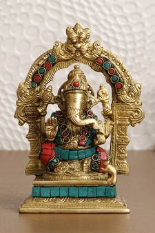 Ecraftindia Handcrafted Lord Ganesha Brass Idol on Singhasan with Stone Work