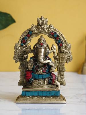 Ecraftindia Handcrafted Lord Ganesha Brass Idol on Singhasan with Stone Work 2