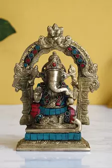 Ecraftindia Handcrafted Lord Ganesha Brass Idol on Singhasan with Stone Work