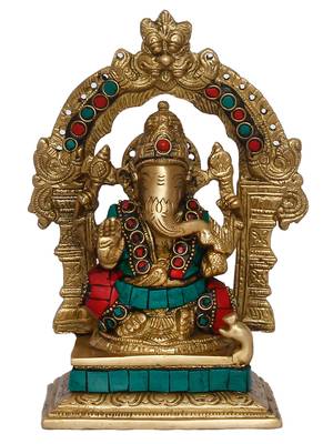 Ecraftindia Handcrafted Lord Ganesha Brass Idol on Singhasan with Stone Work 3
