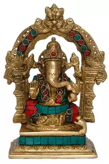 Ecraftindia Handcrafted Lord Ganesha Brass Idol on Singhasan with Stone Work