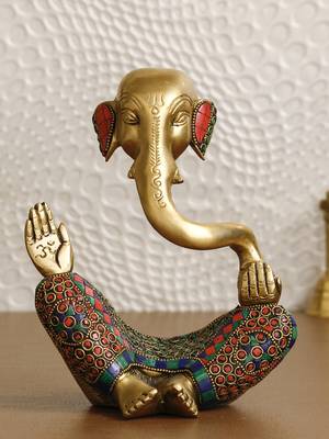 e craft india meditating ganesha brass idol     golden 1