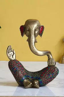 e craft india meditating ganesha brass idol     golden