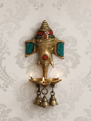 Lord Ganesha with 3 Bells and Diya for 3 Wicks Brass Wall Hanging Handcrafted Artifact with Colorful Stone Work 1