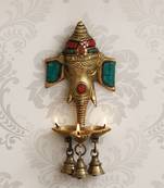 Lord Ganesha with 3 Bells and Diya for 3 Wicks Brass Wall Hanging Handcrafted Artifact with Colorful Stone Work