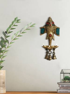 Lord Ganesha with 3 Bells and Diya for 3 Wicks Brass Wall Hanging Handcrafted Artifact with Colorful Stone Work 2