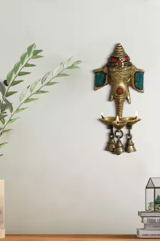 Lord Ganesha with 3 Bells and Diya for 3 Wicks Brass Wall Hanging Handcrafted Artifact with Colorful Stone Work