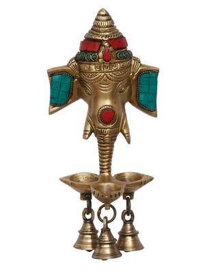Lord Ganesha with 3 Bells and Diya for 3 Wicks Brass Wall Hanging Handcrafted Artifact with Colorful Stone Work 3