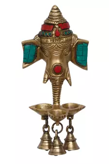 Lord Ganesha with 3 Bells and Diya for 3 Wicks Brass Wall Hanging Handcrafted Artifact with Colorful Stone Work