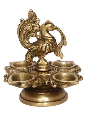 eCraftIndia DECORative Handcrafted Peocock Brass Showpiece with Diya for 4 Wicks 3