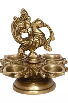 eCraftIndia DECORative Handcrafted Peocock Brass Showpiece with Diya for 4 Wicks
