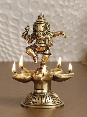 eCraftIndia Dancing Lord Ganesha Handcrafted Brass DECORative Showpiece with Diya for 5 Wicks 1
