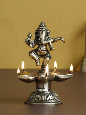 eCraftIndia Dancing Lord Ganesha Handcrafted Brass DECORative Showpiece with Diya for 5 Wicks 2