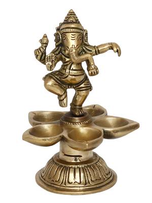 eCraftIndia Dancing Lord Ganesha Handcrafted Brass DECORative Showpiece with Diya for 5 Wicks 3