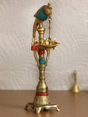 eCraftIndia Handcrafted Parrot Design DECORative Brass Showpiece Diya for 5 wicks with Colorful Stone Work 1