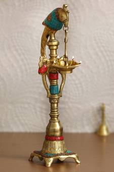 eCraftIndia Handcrafted Parrot Design DECORative Brass Showpiece Diya for 5 wicks with Colorful Stone Work