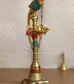eCraftIndia Handcrafted Parrot Design DECORative Brass Showpiece Diya for 5 wicks with Colorful Stone Work