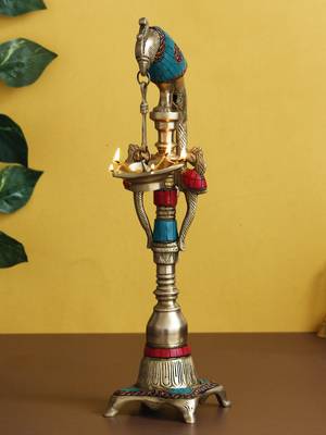 eCraftIndia Handcrafted Parrot Design DECORative Brass Showpiece Diya for 5 wicks with Colorful Stone Work 2