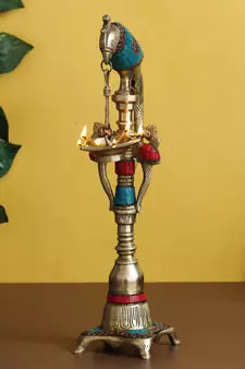 eCraftIndia Handcrafted Parrot Design DECORative Brass Showpiece Diya for 5 wicks with Colorful Stone Work