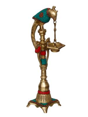 eCraftIndia Handcrafted Parrot Design DECORative Brass Showpiece Diya for 5 wicks with Colorful Stone Work 3