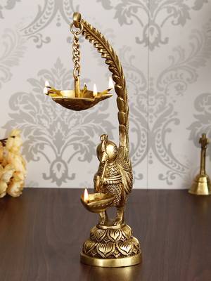 eCraftIndia DECORative Handcrafted Peocock Brass Showpiece with Diya for 6 Wicks 2