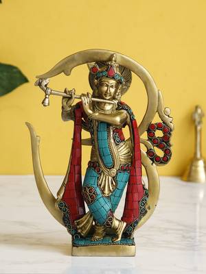eCraftIndia Lord Krishna Playing with Om Idol DECORative Brass Figurine with Colorful Stone Work 1