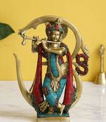 eCraftIndia Lord Krishna Playing with Om Idol DECORative Brass Figurine with Colorful Stone Work