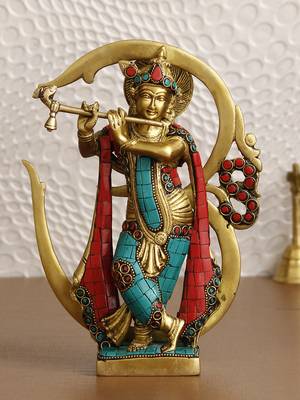eCraftIndia Lord Krishna Playing with Om Idol DECORative Brass Figurine with Colorful Stone Work 2