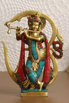 eCraftIndia Lord Krishna Playing with Om Idol DECORative Brass Figurine with Colorful Stone Work
