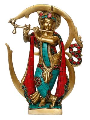 eCraftIndia Lord Krishna Playing with Om Idol DECORative Brass Figurine with Colorful Stone Work 3