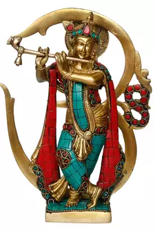 eCraftIndia Lord Krishna Playing with Om Idol DECORative Brass Figurine with Colorful Stone Work