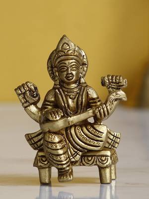 eCraftIndia Goddess Saraswati on Chowki Handcrafted Brass Figurine 1