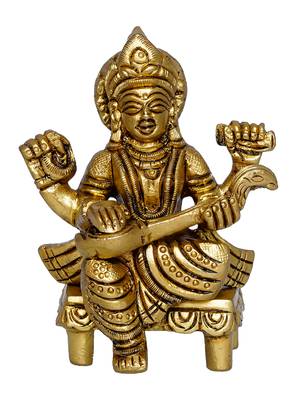 eCraftIndia Goddess Saraswati on Chowki Handcrafted Brass Figurine 3