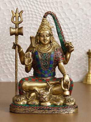 eCraftIndia Lord Shiva Idol DECORative Brass Figurine with Colorful Stone Work 1