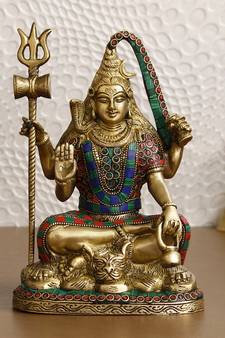 eCraftIndia Lord Shiva Idol DECORative Brass Figurine with Colorful Stone Work